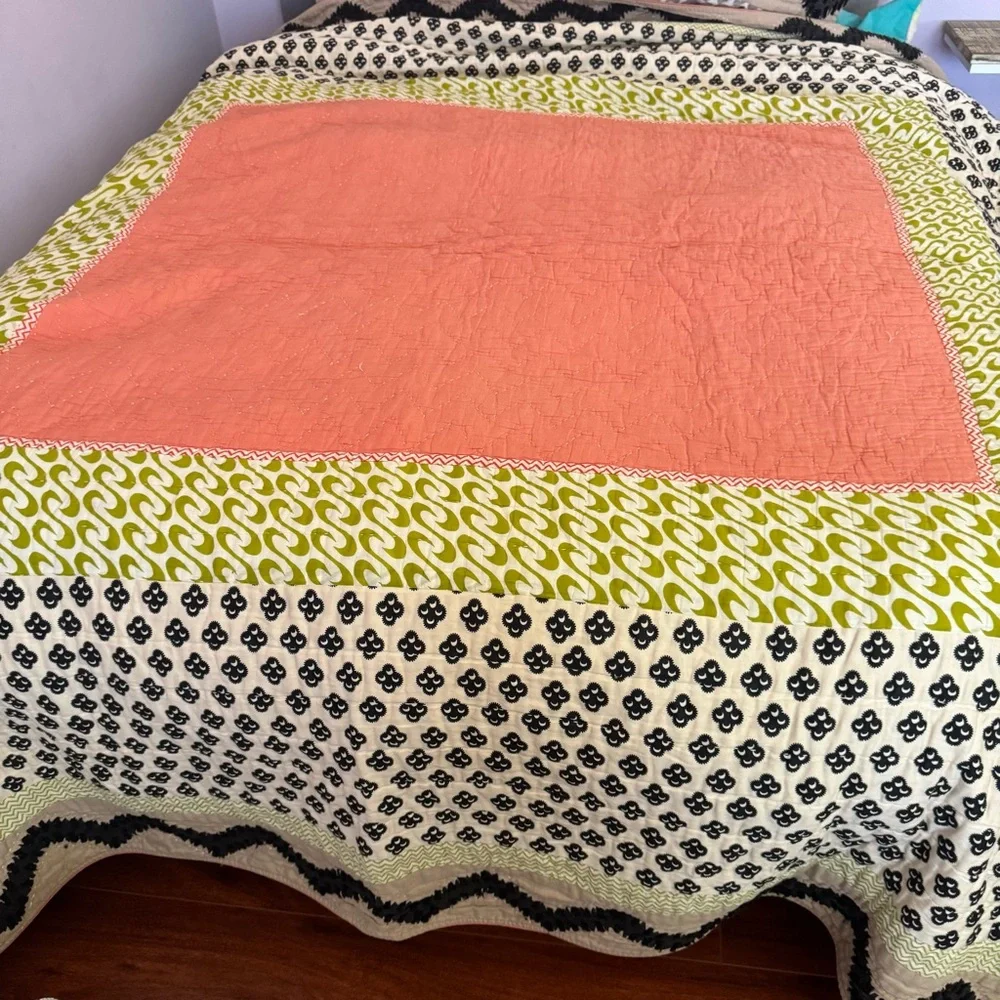 Anthropologie Quilted Cotton Bedding Set in Coral and Lime